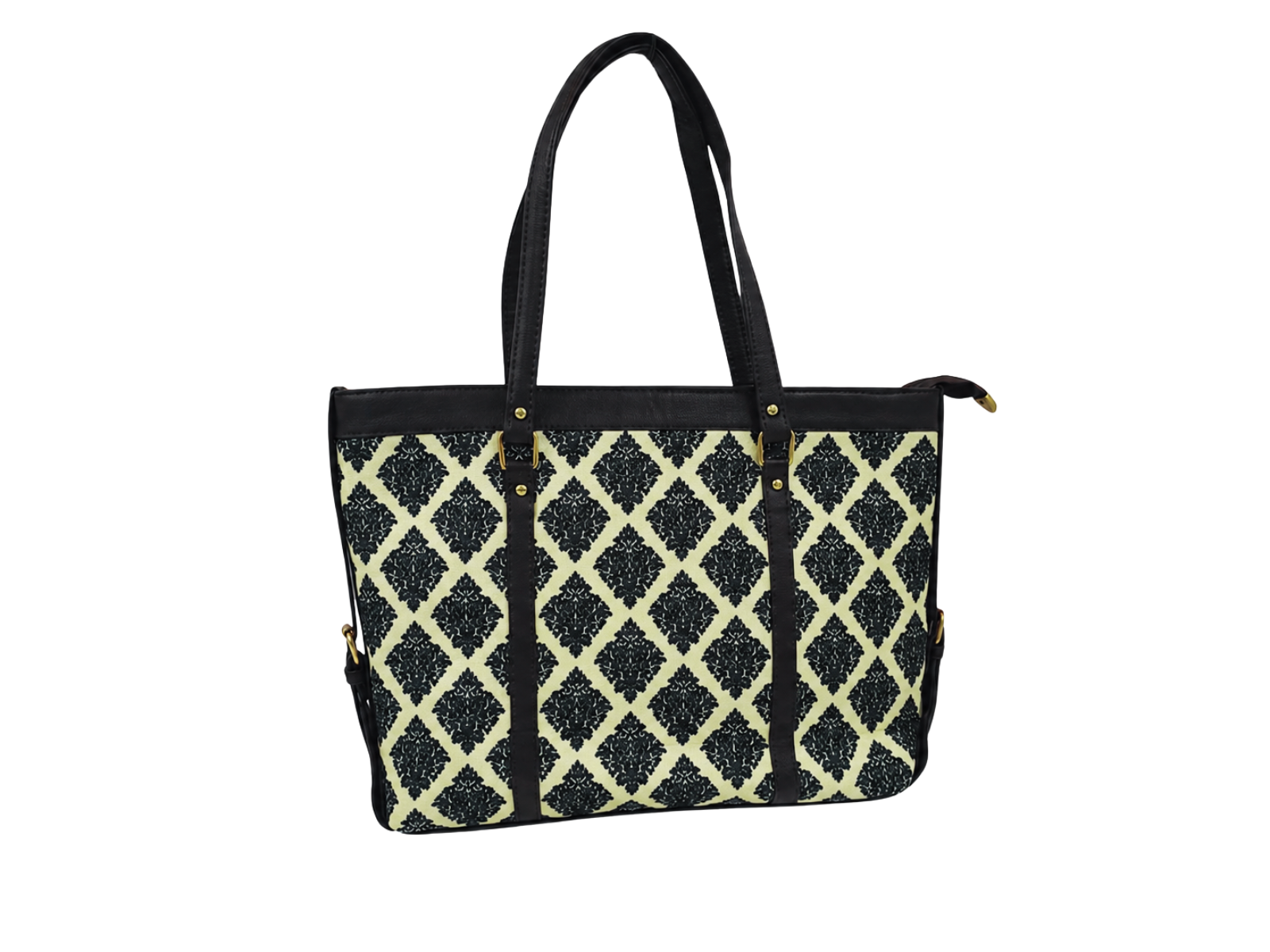 BLACK FLORAL DAMASK PATTERN LAPTOP TOTE BAG