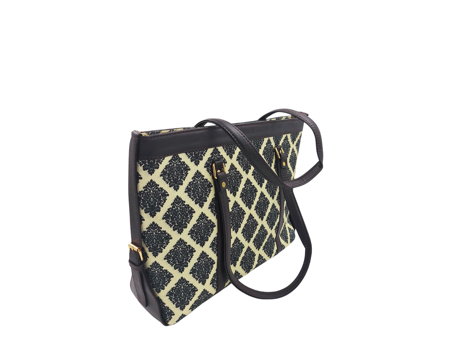 BLACK FLORAL DAMASK PATTERN LAPTOP TOTE BAG