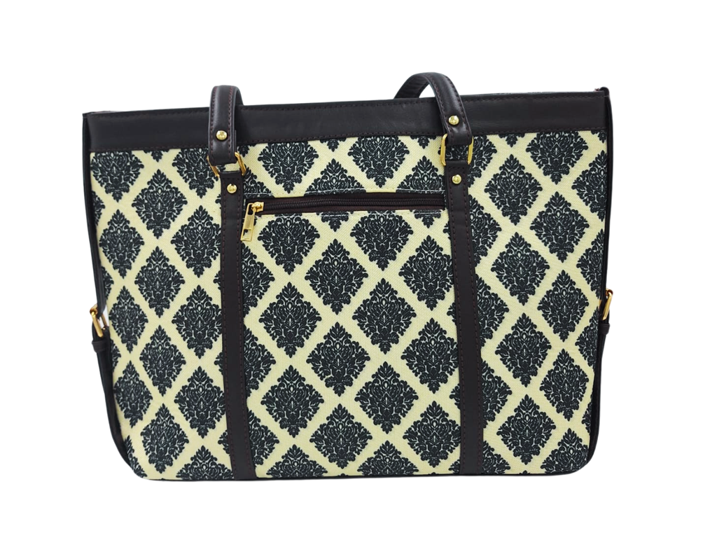 BLACK FLORAL DAMASK PATTERN LAPTOP TOTE BAG