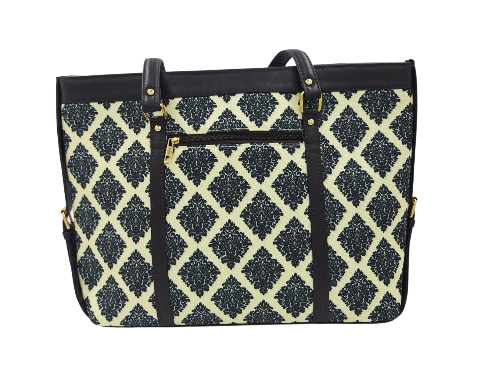 BLACK FLORAL DAMASK PATTERN LAPTOP TOTE BAG