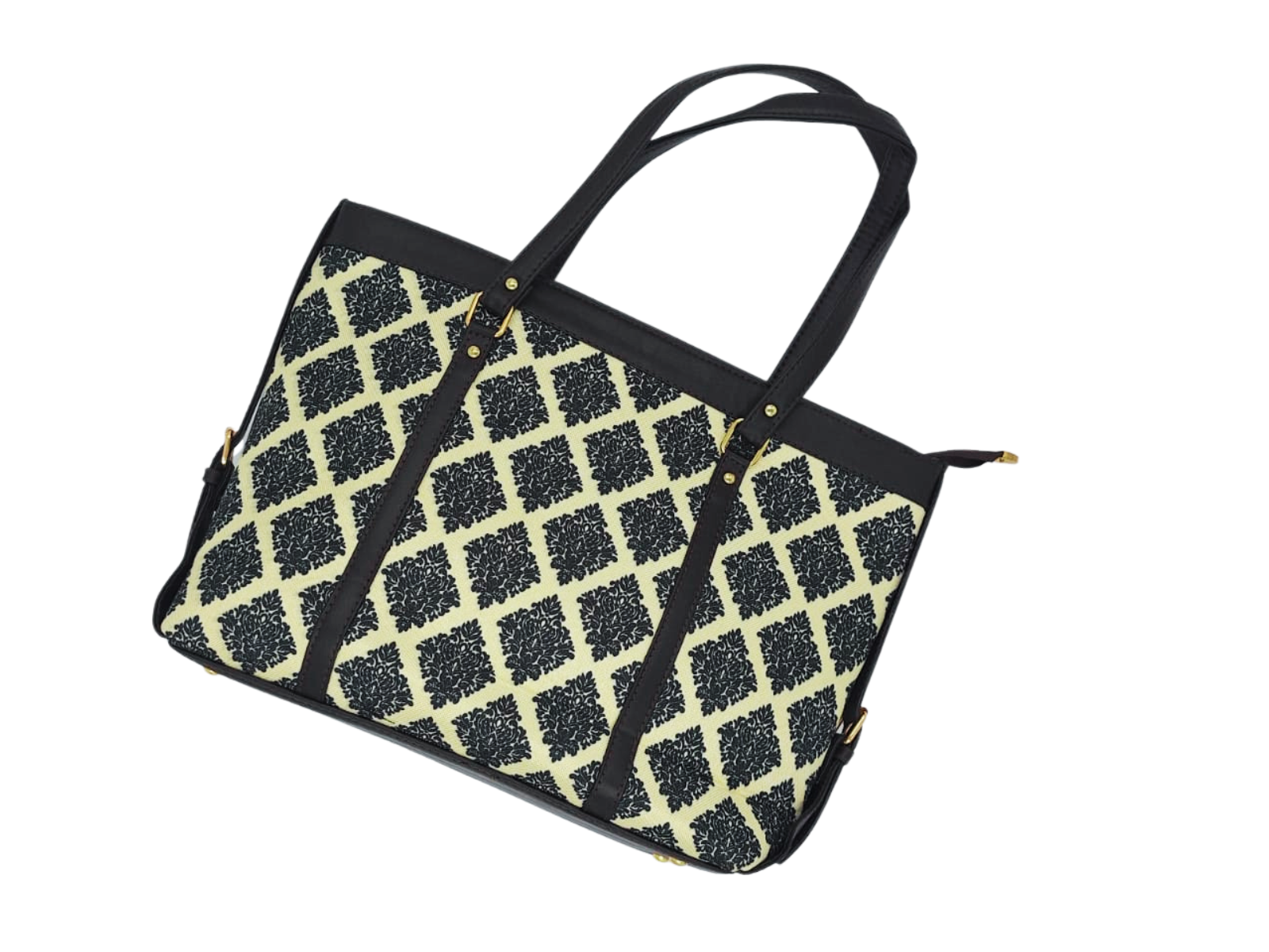 BLACK FLORAL DAMASK PATTERN LAPTOP TOTE BAG