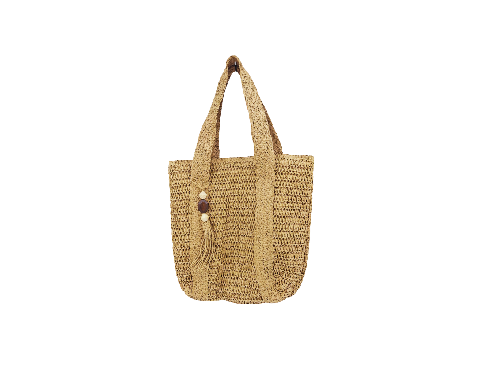 CAMEL BEIGE RAFIA TOTE WITH TASSEL