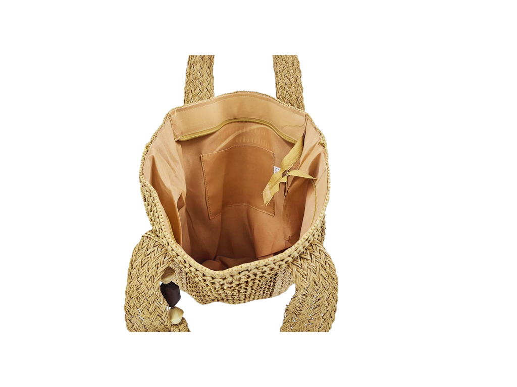 CAMEL BEIGE RAFIA TOTE WITH TASSEL