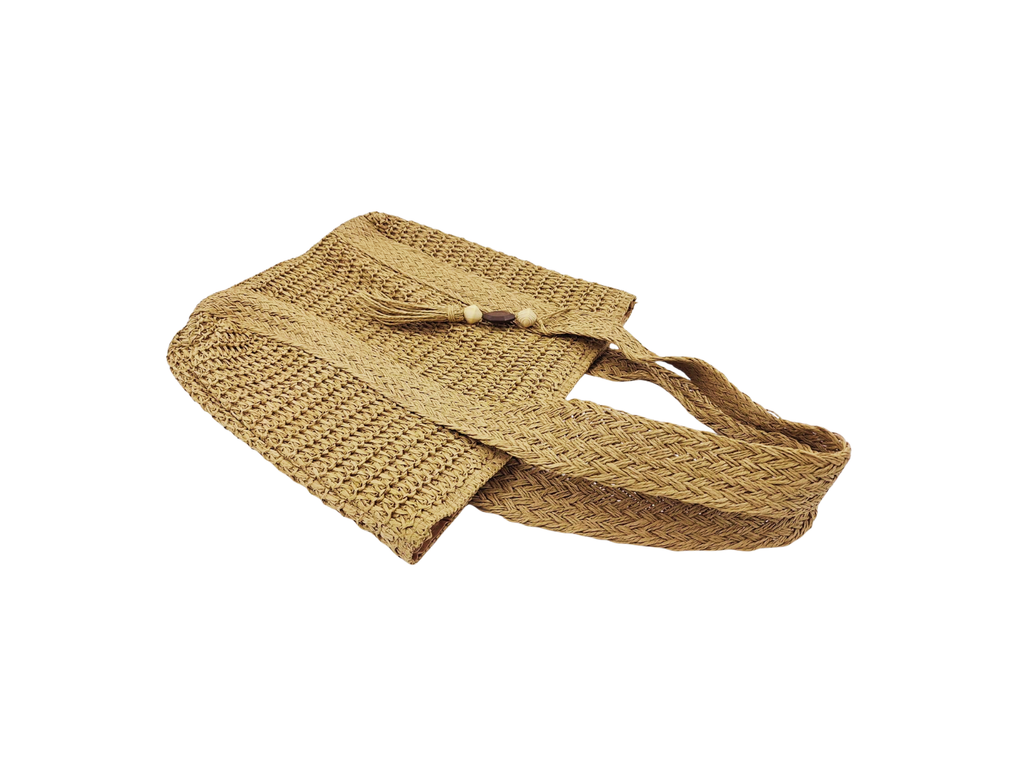 CAMEL BEIGE RAFIA TOTE WITH TASSEL