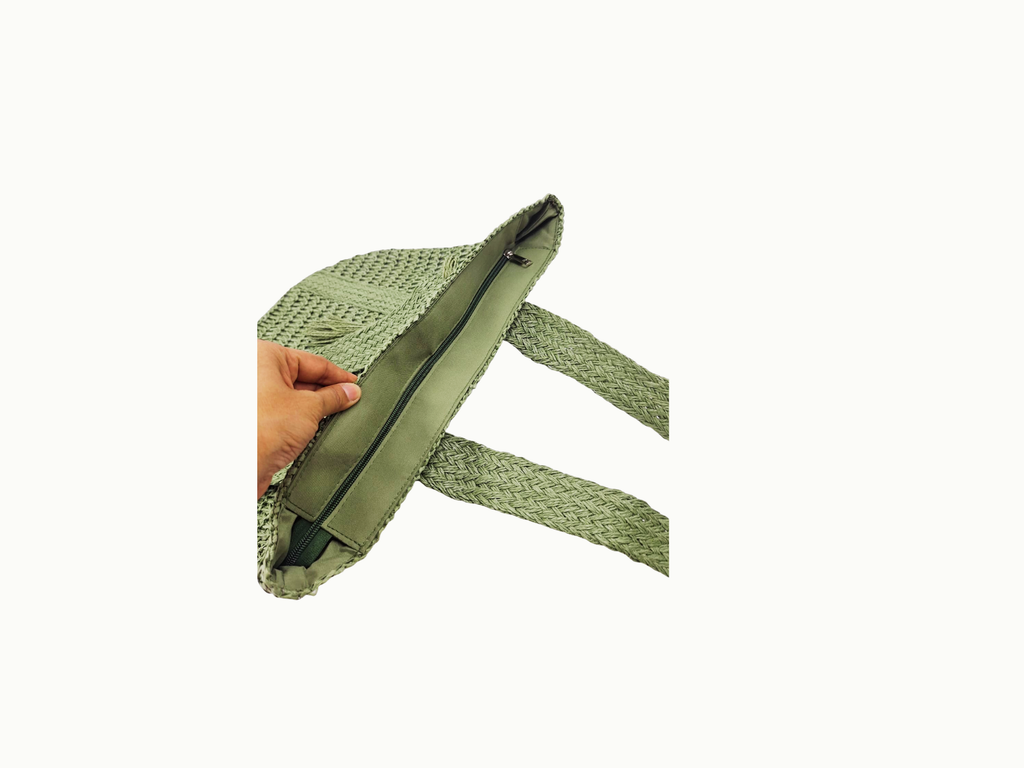 SAGE GREEN RAFIA TOTE WITH TASSEL