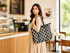 BLACK FLORAL DAMASK PATTERN LAPTOP TOTE BAG