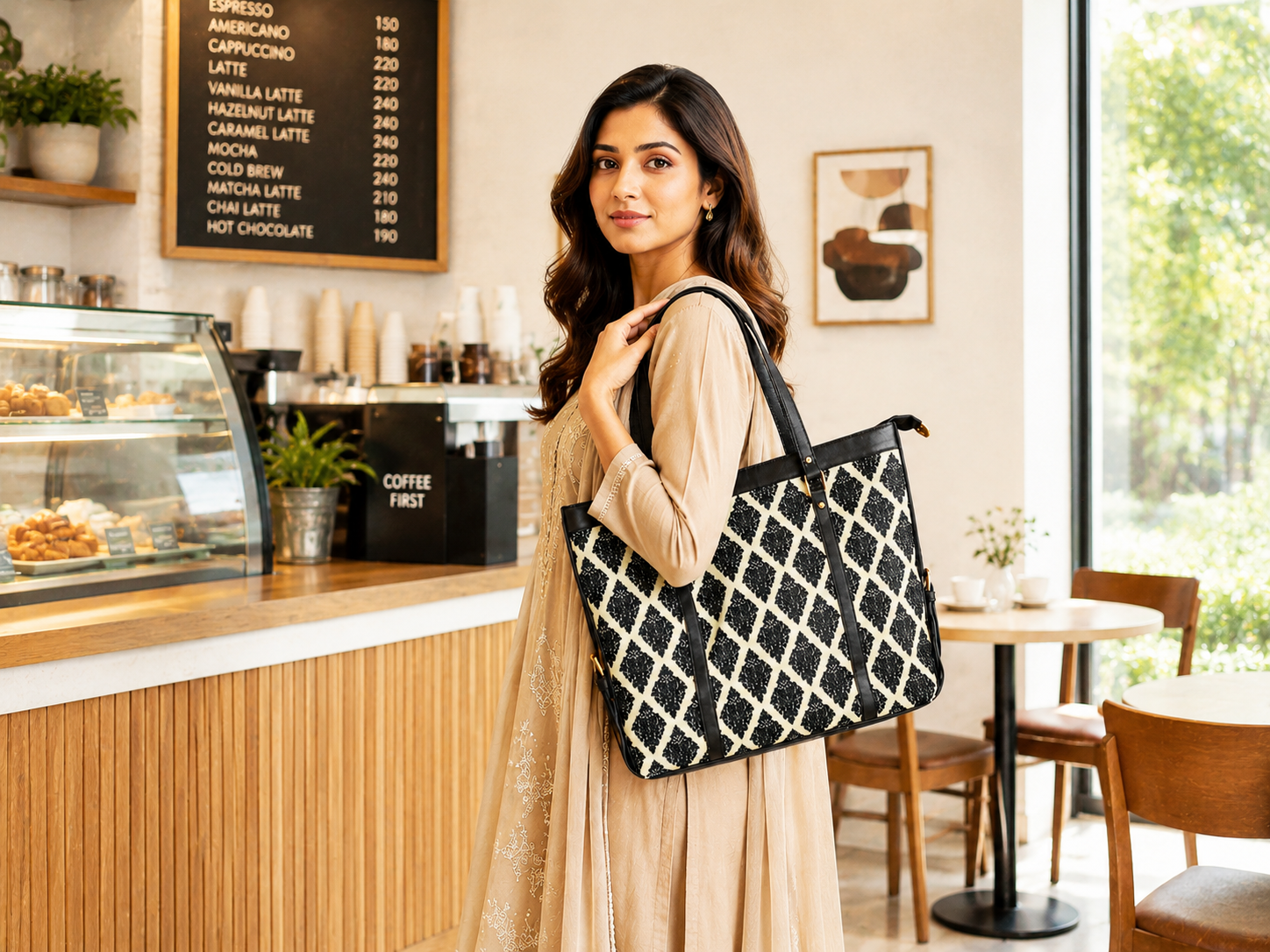 BLACK FLORAL DAMASK PATTERN LAPTOP TOTE BAG